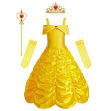 Set de 5 piezas que incluye vestido sin mangas con volantes amarillo, guantes, corona, varita mágica - Disfraz de princesa para niñas, para fiestas, Halloween, juego de roles