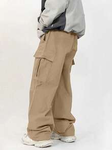 بنطلون كارجو مستقيم الساق للأولاد المراهقين، ديكور بشريط فيلكرو وجيب، للرياضة والخارج، موسم الربيع/الخريف، قطعة واحدة - كاكي - مشاهدة 2