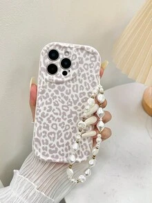 Cream Wavy Edged Glossy Leopard Print Painted Anti-Drop Phone Case With Handmade Beaded Bracelet Accessory - Multicolor - View 5