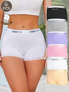 6pcs Women's Multi-Color 100% Cotton New Style Letter Ribbon Lace-Trimmed Comfortable Breathable Hipster High-Waisted Briefs, Plus Size Women's Underwear S-XXL - Multicolor - View 5