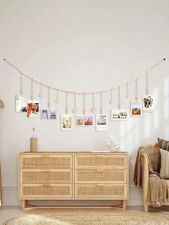 1pc Durable Wooden Bohemian Wall Hanging Photo Frame Bow Storage With 9 Clips & 6 Heart Tags For Home & Bedroom Living Room Decor