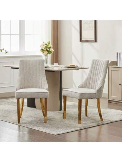 Rayon Cloth Flocking Linen Dining Chairs Channel Kitchen Dinner Stoel Comfy Fabric Upholstered Accent Room Curved Solid Wood Legs,Set Of (Beige), DE1847BG
