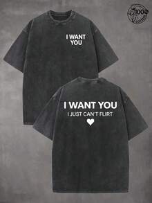 I WANT YOU.I JUEST CAN'T FLIRT Pattern, Minimalist Letters, Crush T-Shirts, Men's And Women's T-Shirts, 230G Wash Cotton High Quality Cotton Printed T-Shirts, Men Clothes, Suitable For Street Retro And Outdoor Sports And Leisure, Comfortable And Stylish, Y2k Clothes, Funny T-Shirts, Streetwear, Perfect Gift. - màu đen - Xem 1
