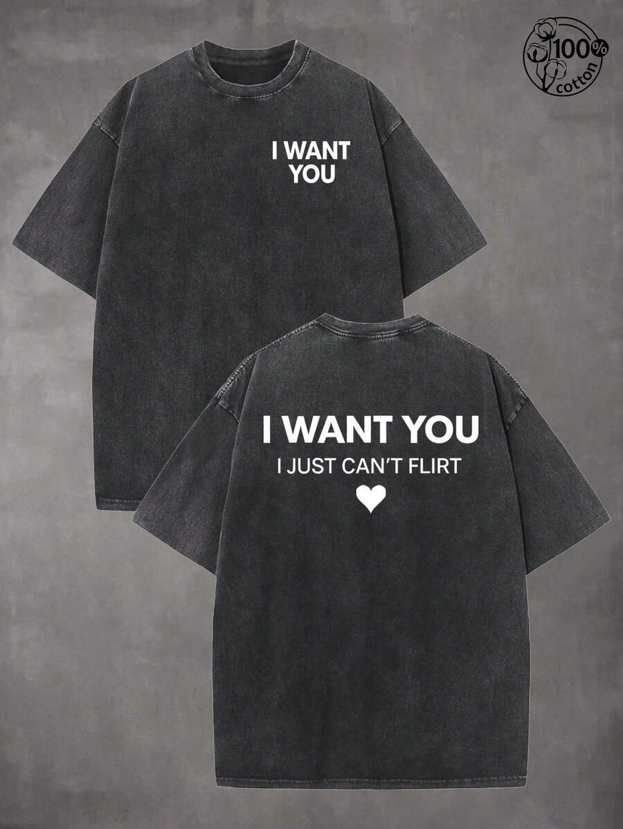 I WANT YOU.I JUEST CAN'T FLIRT Pattern, Minimalist Letters, Crush T-Shirts, Men's And Women's T-Shirts, 230G Wash Cotton High Quality Cotton Printed T-Shirts, Men Clothes, Suitable For Street Retro And Outdoor Sports And Leisure, Comfortable And Stylish, Y2k Clothes, Funny T-Shirts, Streetwear, Perfect Gift. - màu đen - Xem 1