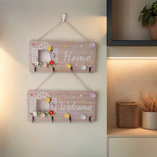 2D Plano, Suporte de Chaves Montado na Parede, Placa de Boas-Vindas Casa Flor Quente, Prateleira de Parede para Chaves de Madeira, Madeira, Com Quatro Ganchos de Metal, Armazenamento de Chaves, Decoração Multifuncional para Casa, Decoração de Entrada, Decoração Minimalista, Decoração de Quarto, Decoração Universal para as Quatro Estações