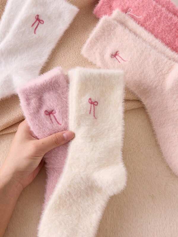5 Pairs Mink Plush Bow Fluffy Mid-Calf Socks, Cute & Sweet Mid-Calf Socks, Thick & Warm For Home, Sleep, Bow Pattern, Soft & Comfortable, Suitable For Autumn/Winter Christmas Gift