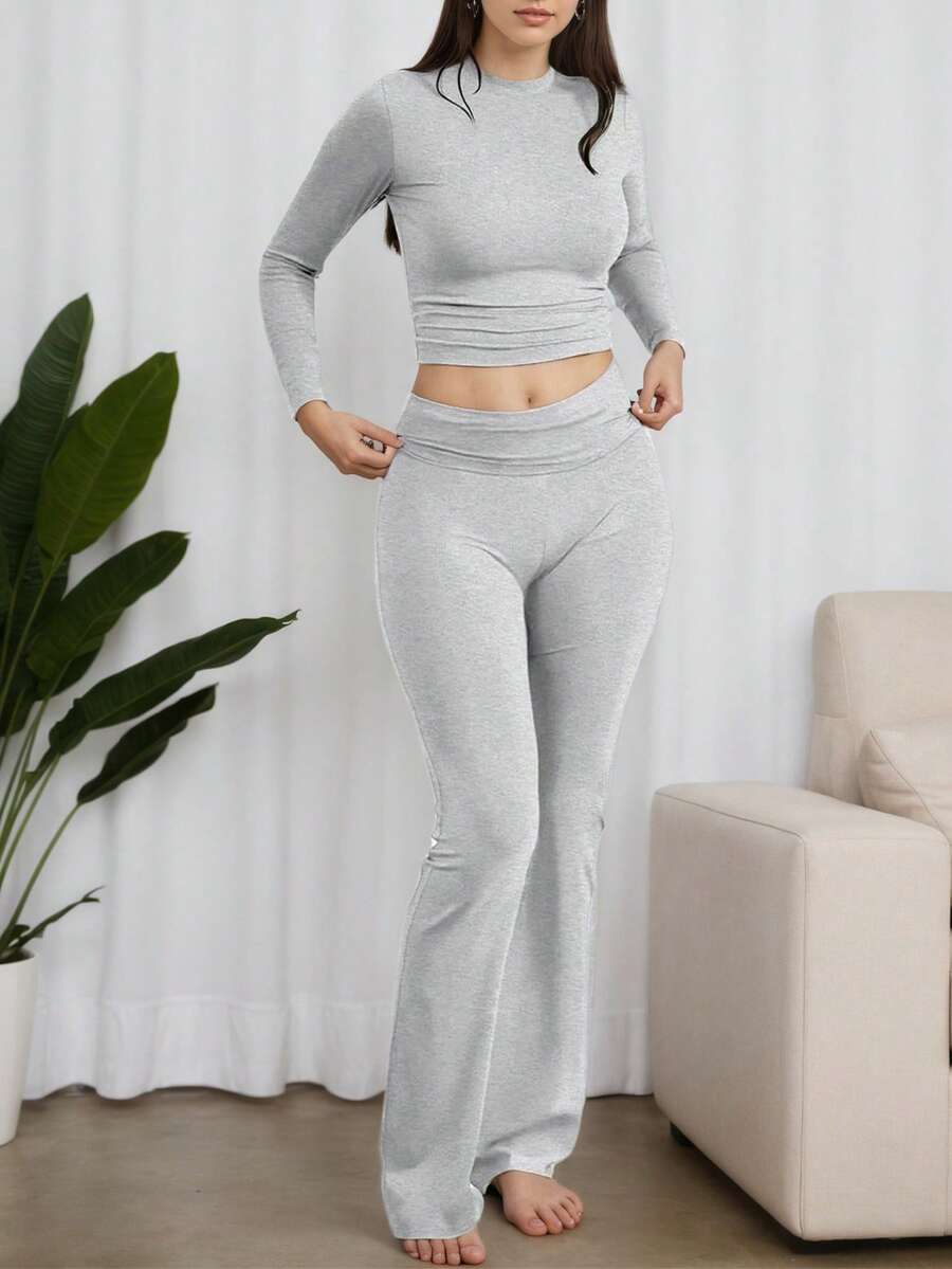 2pcs Women's Fashion Casual Set: Pleated Long Sleeve Top With Round Neckline + High Waisted Slightly Flared Pants, Spring - Light Grey - View 1