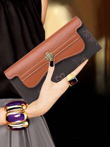 Cartera larga de mujer con broche a presión, diseño de nicho retro chic, nueva para otoño/invierno, con múltiples ranuras para tarjetas, billetera de mujer