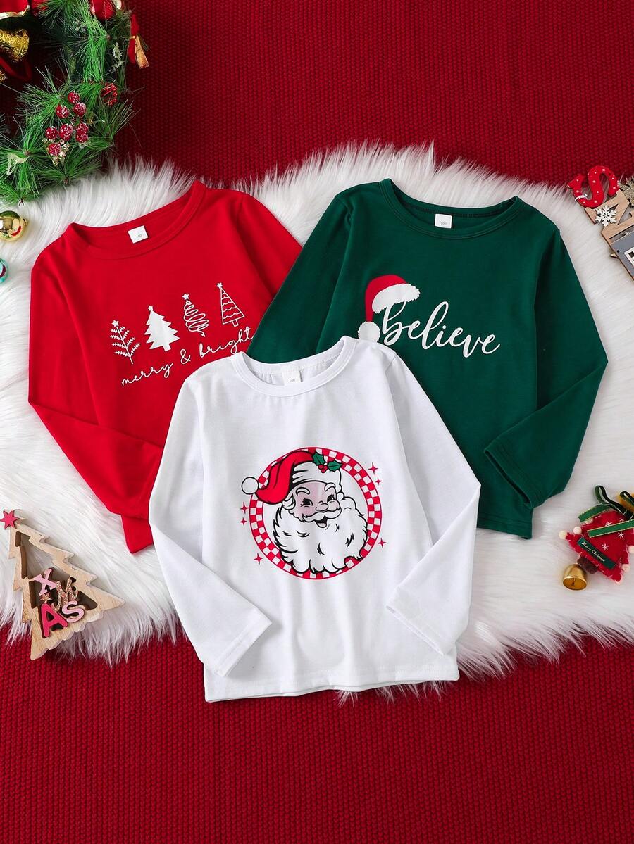 3 pezzi Set di magliette a maniche lunghe con collo rotondo, cappello di Babbo Natale, albero di Natale stampati, look natalizio casual e carino per bambini di età 3-7 anni