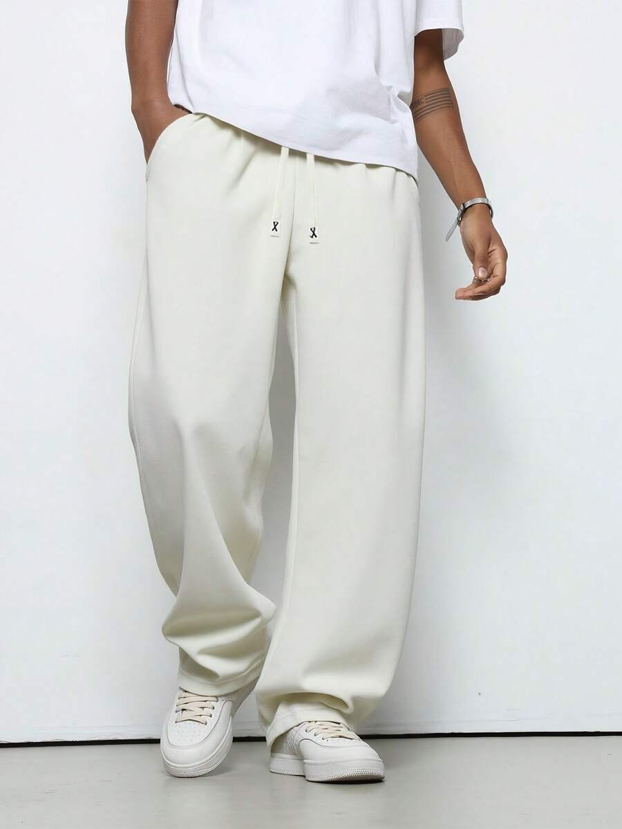 Men's Loose Straight Leg Casual Pants, Solid Color Drawstring Wide Leg, Simple Stylish & Versatile Spring - Apricot - View 1