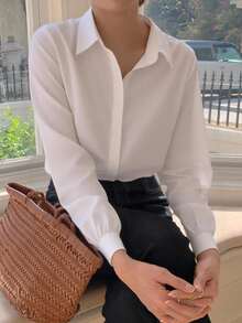 DAZY Solid Hidden Button Front Shirt,Ladies Casual Button Long Sleeve Collar Regular Fit Regular White Regular Sleeve Shirt Women Blouses,Spring/Fall ,Professional/Business Attire/Workwear,Long Sleeve Tops,Back To School Clothes - White - View 2