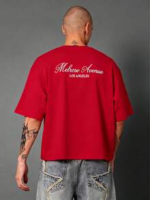 Melrose Avenue Los Angeles Crop T-Shirt Urban Streetwear Script Logo Back Print Casual Summer Lightweight Top Boxy Style Hip Hop Fashion-Unisex-L91 - 紅色 - 查看 1