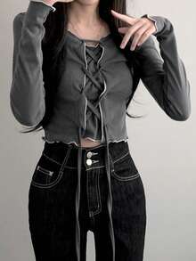 少女时尚 V 领长袖修身系带套头衫，女款，春秋季 - 灰色 - 查看 4