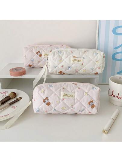 Ins Korean Style Quilted Plush Bear Pencil Case Student Cream-Colored Stationery Pouch Cute Desk Organizer Bag, Portable Travel Storage Pouch For Girls