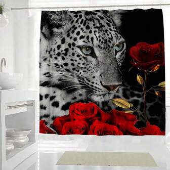 1pc Creative Theme With Unique Leopard And Flower Shower Curtain, Suitable For Bathroom Decoration, General Room Decoration, Home Decoration, Bathroom Accessories Bathtub Curtain