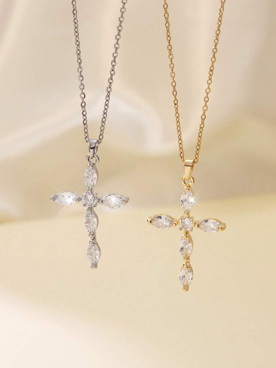 1 pieza Collar con colgante de cruz de circonita cúbica de lujo y estilo vintage, colgante de cruz de cristal de vidrio exquisitamente brillante, joyería unisex adecuada para uso diario y fiestas, regalo para hombres, mujeres, amigos, esposa, hija, elegante para cumpleaños, aniversario, festividades