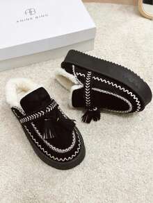Zapatos planos de nieve para mujer, botines con pantuflas suaves y acogedoras con forro y cuello de peluche esponjoso, suela gruesa antideslizante, calzado de invierno con diseño moderno para interiores y exteriores - Negro - Ver 7