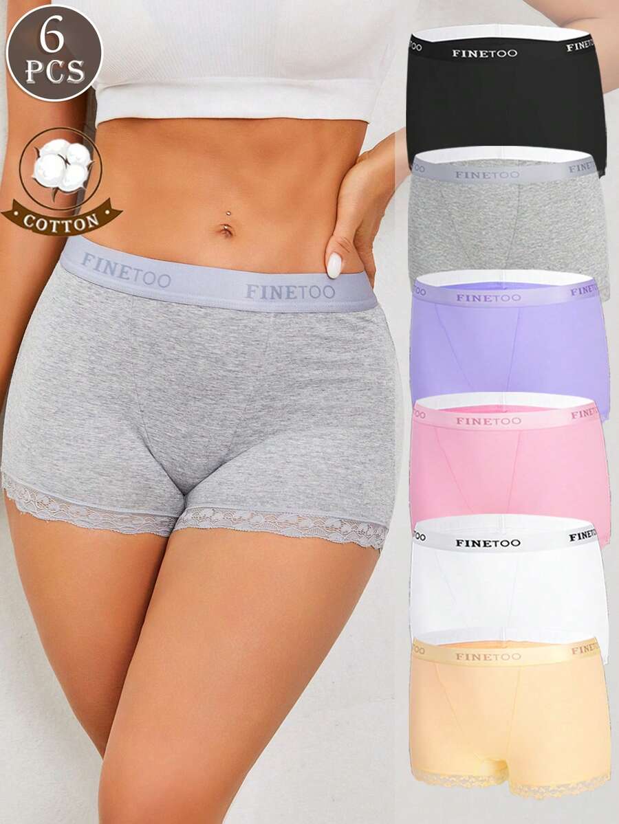 6pcs Women's Multi-Color 100% Cotton New Style Letter Ribbon Lace-Trimmed Comfortable Breathable Hipster High-Waisted Briefs, Plus Size Women's Underwear S-XXL