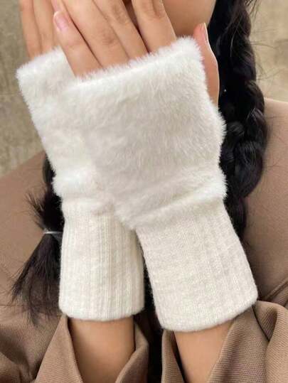 Women's Cute & Fashionable Fleece Gloves, Christmas & New Year Design, Suitable For Halloween, Soft & Warm For Winter, Elastic Fingerless Design, Soft Fleece Lining, Touch Screen Compatible, Essential For Daily Work In Cold Weather, Fashionable & Casual Style, Windproof, Cold-Proof, Durable Cold Protection, (White/Pink/Beige/Black) - Luxury Cold Weather Accessory, Women's Winter Gloves, Women's Fingerless Gloves, Winter Fashion Outfit