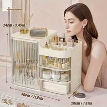 Large Cosmetic Storage Box With Three Drawers And A Mirror, Suitable For Dressing Table, Bedroom, Countertop.A Must-Have Home Storage Item - 白色 - 查看 3
