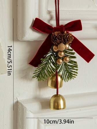 תליון קשת, ענף אורן, אצטרובל ופעמון זהב אחד, תליון קישוט לדלת ולקיר בסגנון רטרו וחמים, יציב ולא קל להתיר, מתאים לקישוט הבית, עיצוב החדר, קישוט לדלת ולקיר בחדר השינה והסלון, עיצוב פנים וחוץ, קישוט לתליית דלתות, מתנות לחברים, קישוט למסיבה