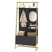 Modern Minimalist Compact Wardrobe, Open Multifunctional Storage Cabinet With Mirror, Metal Hooks, Coat Rack With Shoe Bench, Wardrobe, Shoe Storage, Clothes Rack, - 黑色 - 查看 1