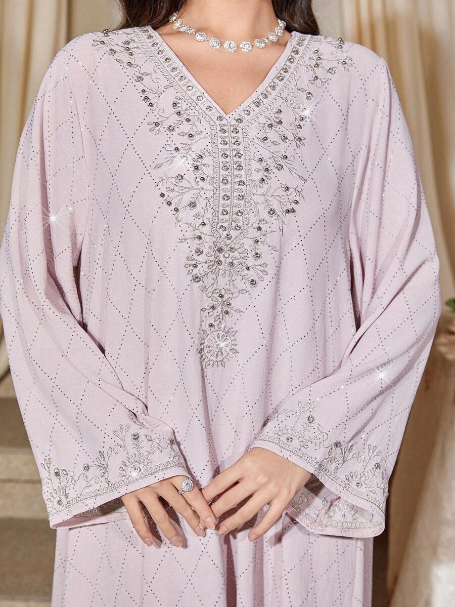 V-Neck Long Sleeve Beaded Pearls Rhinestones Embellished Vacation Dress - Pink - View 1