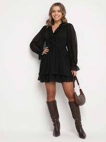 Flared Dress With Ruffles And Mesh Sleeves - Black - View 2