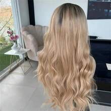 Farbverlauf Aschblond Perücken mit braunen Highlights 13x4 Lace Front Perücke lange Körperwelle frei stylen vorgerupft synthetische Fasern 26 Zoll für Frauen - Markieren Sie Blond - Übersicht 8