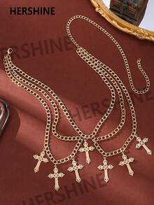 Hershine 1 szt. Y2K Boho Style Halloween Cross Decor damski pasek łańcuchowy, wielowarstwowy retro personalizowany pasek w stylu zachodnim, klasyczny dodatek do koszul, spodni i sukienek, odpowiedni na imprezy damskie, stroje na Halloween i Boże Narodzenie, idealny prezent dla rodziny i przyjaciół na Boże Narodzenie, Halloween, Święto Dziękczynienia - złoty pasek, srebrny pasek, czarny pasek, do codziennego użytku na Halloween, lato, szkołę, jesień, Halloween