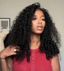 Glueless Human Hair Wigs, Kinky Curly Headband Wig, Upgrade 3-In-1 Half Wig With Drawstring, Seamless Clip-Ins, Flip-Over For Women - Natural Black - Xem 4