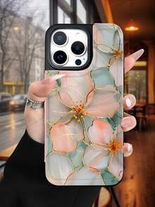 Golden Line Floral Artistic Design Phone Case, 1PC, TPU+PC Dual Material, Handcrafted, Premium Fashion, Faux Leather Flip Wallet With Card Holder, Compatible With IPhone17/16/15/14/13/12/X/PLUS/PRO/PROMAX, Galaxy S25/S24/S23/S22PLUS/Ultra, Minimalist Design, Ideal For Women And Elegant Lovers Daily Use - 粉色 - 查看 2