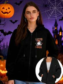 Mujer005FS Sudadera con capucha y cremallera para mujer de Halloween invierno sudadera de manga larga cómoda suave 9 - Negro - Ver 1