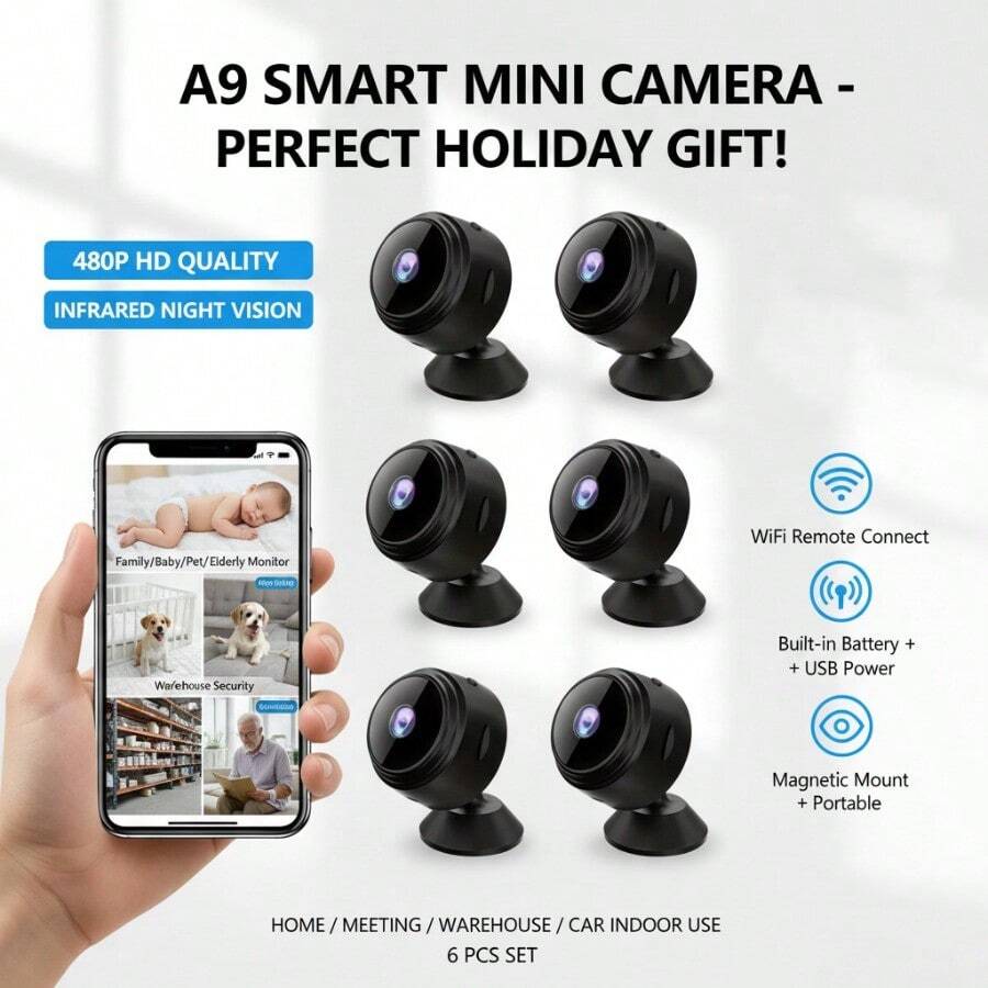 6Pcs A9 Smart Mini Camera With Phone App, 480P HD Home Security Monitor With Battery & USB Charge. Ideal For Family/Warehouse/Car/Indoor, IR Night Vision, Pet/Elder Care, Essential Home Safety Gadget - 6件 - 查看 1