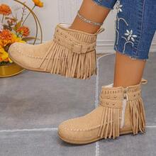 Fashion Tassel Boots, Fashionable Tassel Women's Short Boots And Ankle Boots, Winter Velvet Snow Boots, Rivet Decoration, Round Toe Flat Heel, Suitable For Casual Or Formal Occasions - Xám - Xem 5