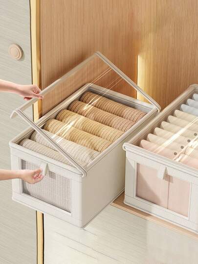 1 pezzo Scatola portaoggetti in tessuto Oxford di grande capacità con piccola finestra, scatola moderna per riporre vestiti e biancheria intima con coperchio a ribalta, multifunzionale, scatola per riporre coperte, scatola di stoccaggio aperta, scatola portaoggetti per la casa, scatola portaoggetti sotto il letto