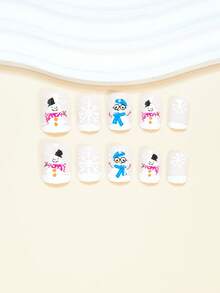 立即升级您的外观，24 件短方形按压式圣诞假指甲优雅可爱企鹅雪人蓝色和粉色围巾白色指甲时尚白色法式白色雪花假指甲全覆盖假指甲套装适合女性和女孩，包括美甲沙龙，1 块果冻凝胶和 1 个锉刀 Stri 果冻凝胶随机发货 - 白色 - 查看 3