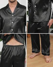 BigKing Men's Silk Satin Pajama Set, Men's Pajama Set, Soft, Long Sleeve, Button-Down - 黑色 - 查看 6
