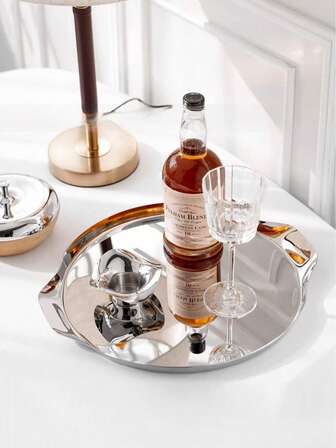 1pc Stainless Steel INS Style Western Dining Plate, Stainless Steel Round Fruit Tray, Home Use Dessert Plate, Pasta Plate, Nordic Style Stainless Steel Living Room Tea Tray