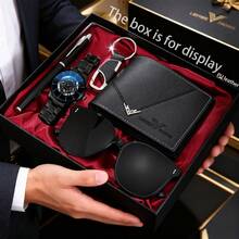 5件套：时尚商务石英表、皮革钱包、钥匙扣、钢笔、太阳镜、男士礼品套装