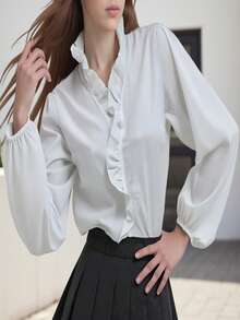 Womens Fall Shirts Lantern Long Sleeve Ruffle V Neck Solid Color Casual Office Blouses - Gading - View 3