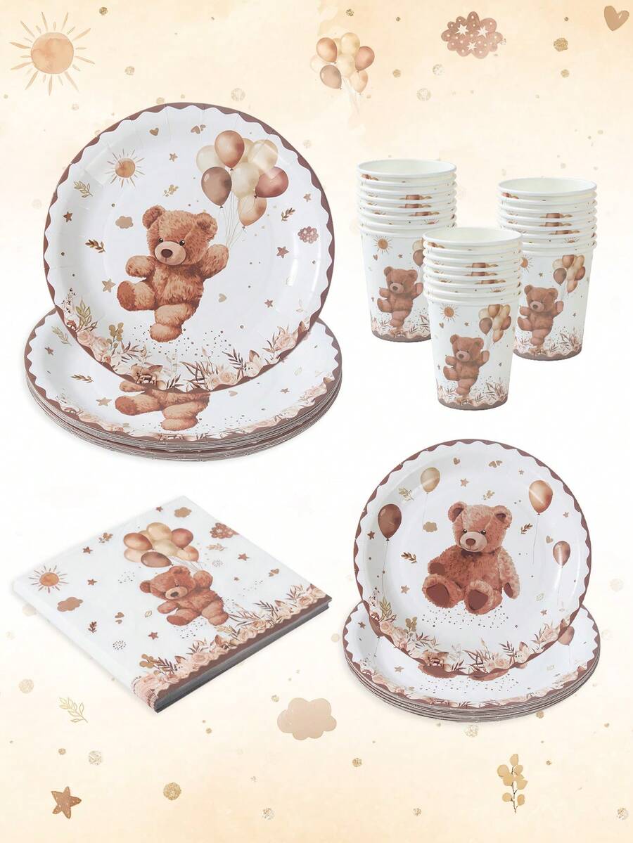 Bộ 40 món/Bộ đồ ăn dùng một lần hình gấu nâu cho tiệc tắm em bé, Thiết kế gấu bóng bay màu nâu dễ thương cho tiệc tắm em bé Bộ đồ ăn dùng một lần bằng giấy, Thích hợp cho tiệc sinh nhật lần thứ 1, tiệc cho trẻ sơ sinh, sự kiện gia đình bé trai hoặc bé gái, - Gấu nâu - Xem 1