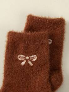 5 Pairs Random Brown Cute Bow Design Thickened Plush Lined Mid-Calf Socks For Kids, Solid Color, Warm And Comfortable For Winter