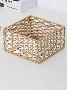 1pc Handwoven Storage Basket, Multipurpose Desktop Organizer Box, Living Room Storage Bin, Can Store Snacks, Toys, Keys And Small Items, Bohemian Geometric Woven Basket, Wooden Rattan Planter Stand, Mixed Natural Rope Decor, Creates Coastal Ambiance. - square - View 14