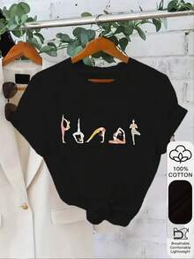 1pc 100% Cotton Yoga Poses Graphic Print Women's Short Sleeve TShirt, Perfect Birthday Gift, Holiday Gift, Relaxation Gift for Yogi Friend - Negro - Ver 1