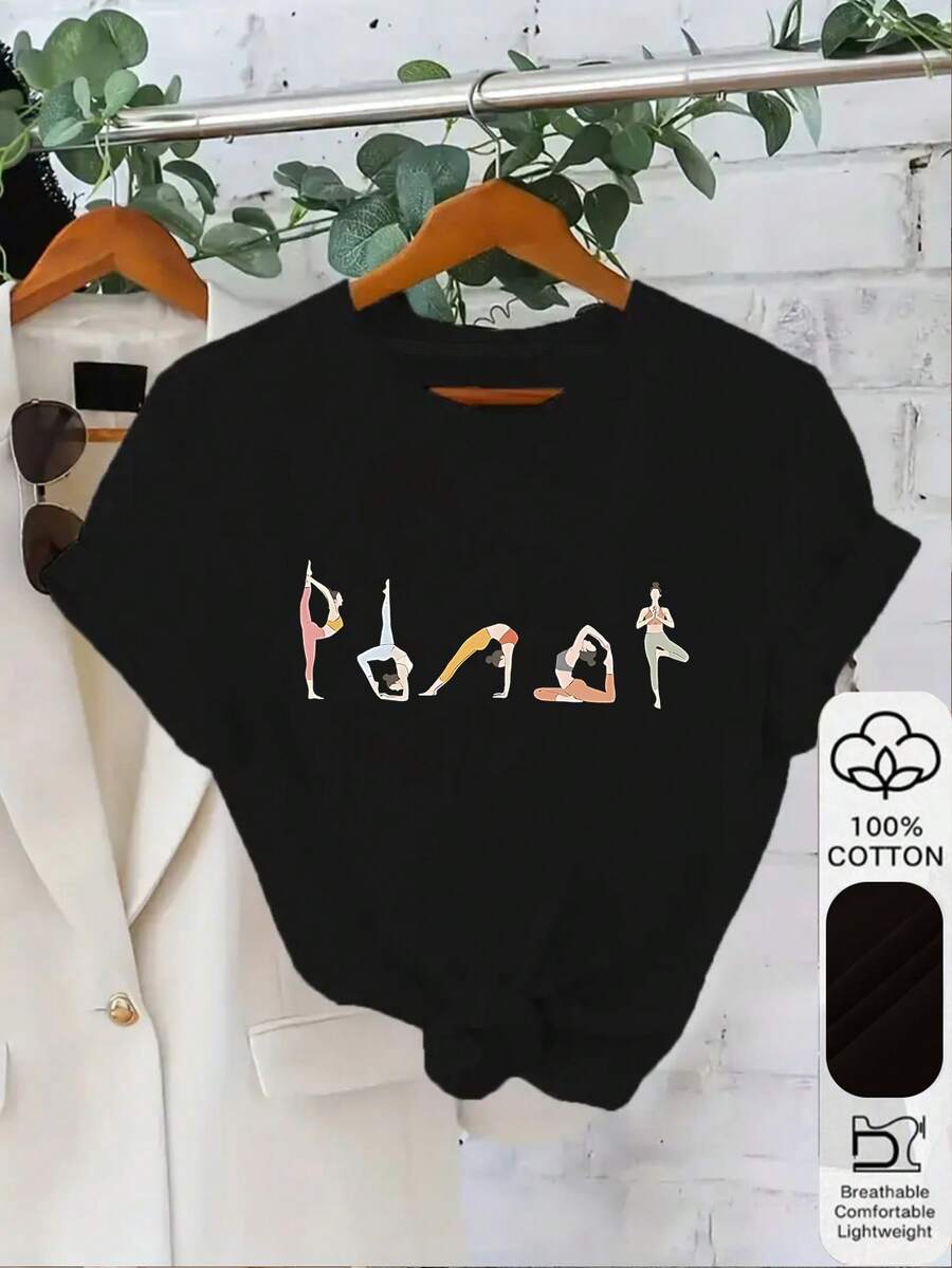 1pc 100% Cotton Yoga Poses Graphic Print Women's Short Sleeve TShirt, Perfect Birthday Gift, Holiday Gift, Relaxation Gift for Yogi Friend - Negro - Ver 1
