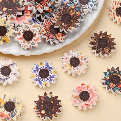 5颗秋冬时尚向日葵造型硅胶珠，复古花卉印花手工DIY珠子，可用于钥匙扣、笔装饰、创意工艺珠