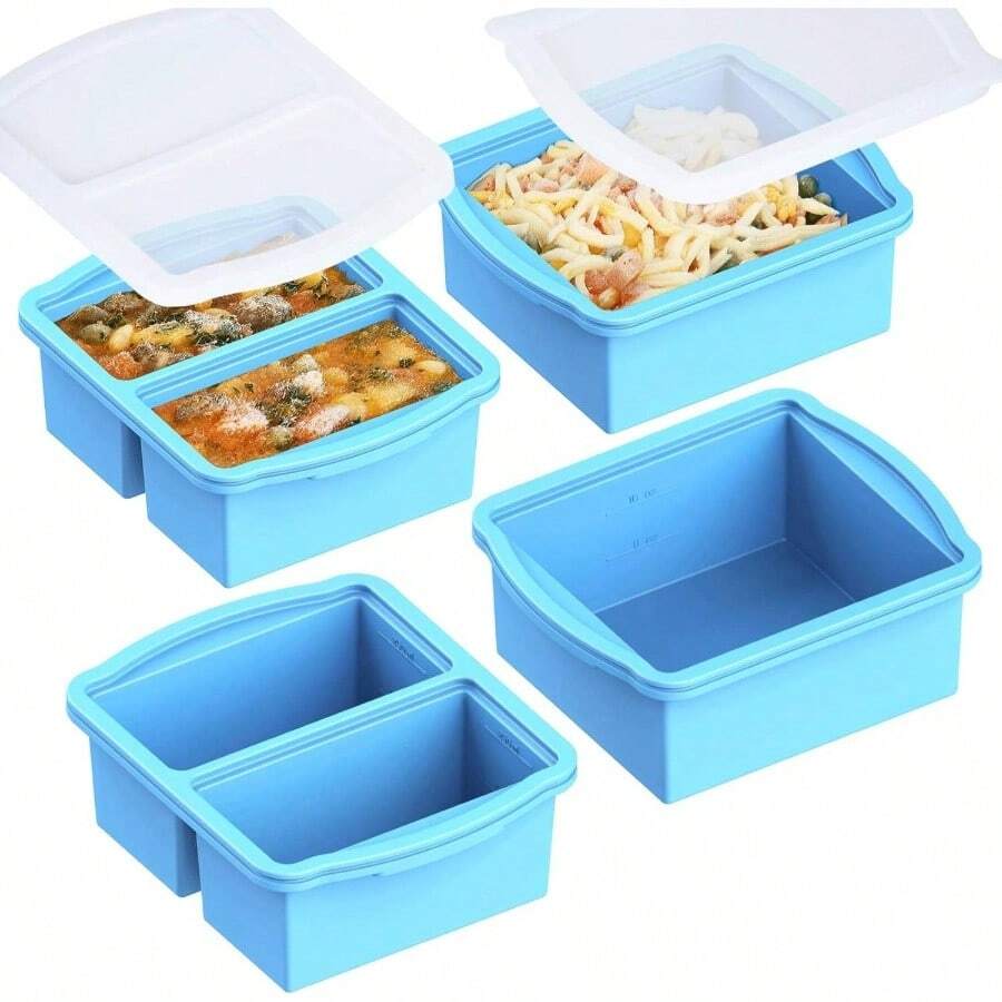Silicone Freezer Trays With Lids, Set Of 4 - With 1cup And 2 Cup Silicone Freezer Molds Freezing Soups, Sauces And Individual Microwave - 4 Pack Blue - View 1