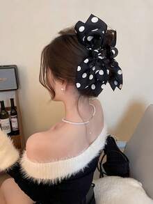 1 pieza Pinza de pelo con lazo de lunares de red, pinza de pelo linda, pinza de pelo, pinzas de pelo, pinza de pelo, accesorios para el cabello negro para vacaciones y atuendos de mujer en otoño e invierno