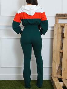 Tuta con cappuccio, chiusura lampo, maniche lunghe e vita in vita, con blocchi di colore, stile casual, adatta per l'autunno e l'inverno - Verde Scuro - Visualizzare 4